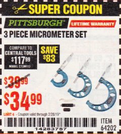 Harbor Freight Coupon 3 PIECE MICROMETER SET Lot No. 64202 Expired: 2/28/19 - $34.99