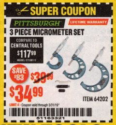 Harbor Freight Coupon 3 PIECE MICROMETER SET Lot No. 64202 Expired: 3/31/19 - $34.99