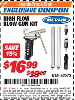 Harbor Freight ITC Coupon MERLIN HIGH-FLOW BLOW GUN KIT Lot No. 63572 Expired: 8/31/19 - $16.99
