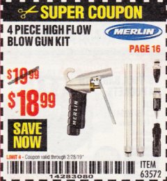 Harbor Freight Coupon MERLIN HIGH-FLOW BLOW GUN KIT Lot No. 63572 Expired: 2/28/19 - $18.99