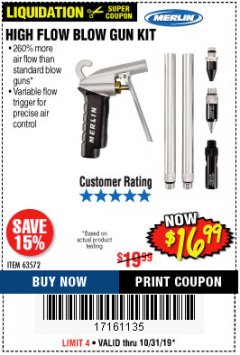 Harbor Freight Coupon MERLIN HIGH-FLOW BLOW GUN KIT Lot No. 63572 Expired: 10/31/19 - $16.99