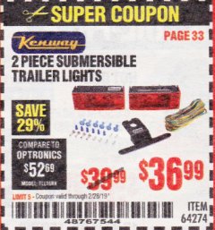 Harbor Freight Coupon 2 PIECE SUBMERSIBLE TRAILER LIGHTS Lot No. 64274 Expired: 2/28/19 - $36.99