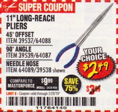 Harbor Freight Coupon 11" LONG REACH PLIERS Lot No. 39537/64088/39539/64087/64089/39538 Expired: 2/28/19 - $2.49
