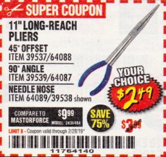Harbor Freight Coupon PITTSBURGH 11 IN. PLIERS Lot No. 64087/64088/64089 Expired: 2/28/19 - $2.49