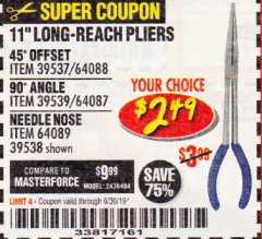 Harbor Freight Coupon 11" LONG REACH PLIERS Lot No. 39537/64088/39539/64087/64089/39538 Expired: 6/30/19 - $2.49