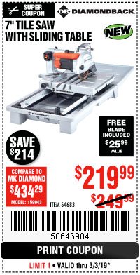 Harbor Freight Coupon 1.5 HP, 7" TILE SAW WITH SLIDING TABLE Lot No. 64683 Expired: 3/3/19 - $219.99