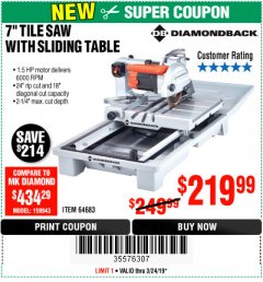 Harbor Freight Coupon 1.5 HP, 7" TILE SAW WITH SLIDING TABLE Lot No. 64683 Expired: 3/24/19 - $219.99