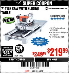 Harbor Freight Coupon 1.5 HP, 7" TILE SAW WITH SLIDING TABLE Lot No. 64683 Expired: 5/5/19 - $219.99