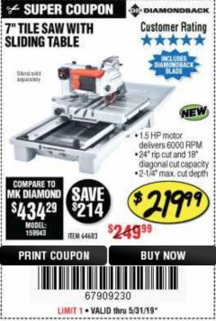 Harbor Freight Coupon 1.5 HP, 7" TILE SAW WITH SLIDING TABLE Lot No. 64683 Expired: 5/31/19 - $219.99