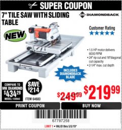 Harbor Freight Coupon 1.5 HP, 7" TILE SAW WITH SLIDING TABLE Lot No. 64683 Expired: 5/5/19 - $219.99