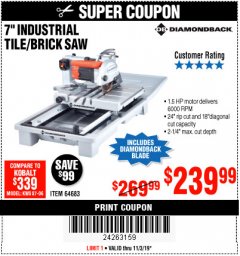 Harbor Freight Coupon 1.5 HP, 7" TILE SAW WITH SLIDING TABLE Lot No. 64683 Expired: 11/3/19 - $239.99