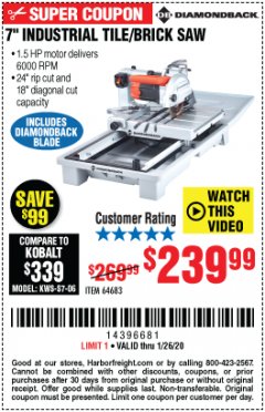 Harbor Freight Coupon 1.5 HP, 7" TILE SAW WITH SLIDING TABLE Lot No. 64683 Expired: 1/26/20 - $239.99