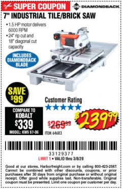 Harbor Freight Coupon 1.5 HP, 7" TILE SAW WITH SLIDING TABLE Lot No. 64683 Expired: 2/8/20 - $239.99