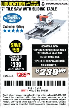 Harbor Freight Coupon 1.5 HP, 7" TILE SAW WITH SLIDING TABLE Lot No. 64683 Expired: 3/31/20 - $239.99