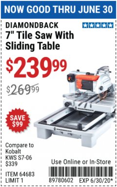 Harbor Freight Coupon 1.5 HP, 7" TILE SAW WITH SLIDING TABLE Lot No. 64683 Expired: 6/30/20 - $239.99