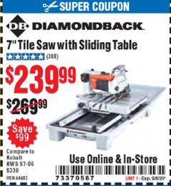 Harbor Freight Coupon 1.5 HP, 7" TILE SAW WITH SLIDING TABLE Lot No. 64683 Expired: 9/6/20 - $239.99