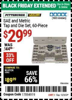 Harbor Freight Coupon 60 PIECE SAE AND METRIC TAP AND DIE SET Lot No. 60366/35407 Expired: 12/3/23 - $29.99