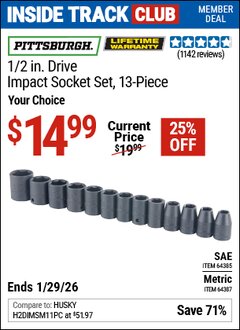 Harbor Freight ITC Coupon PITTSBURGH 1/2 IN. DRIVE IMPACT SOCKET SET, 13-PIECE Lot No. 64387/64385 Valid Thru: 1/29/26 - $14.99