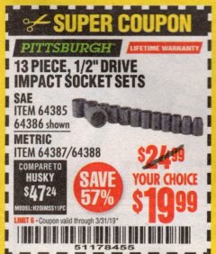 Harbor Freight Coupon 13 PIECE, 1/2" DRIVE IMPACT SOCKET SETS Lot No. 64385/64386/64387/64388 Expired: 3/31/19 - $19.99