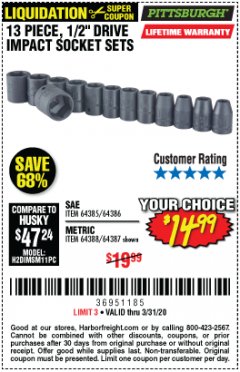 Harbor Freight Coupon 13 PIECE, 1/2" DRIVE IMPACT SOCKET SETS Lot No. 64385/64386/64387/64388 Expired: 3/31/20 - $14.99