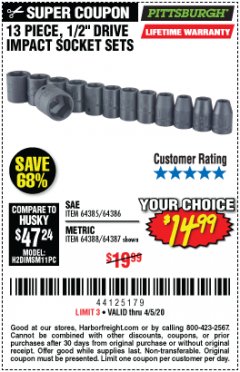 Harbor Freight Coupon 13 PIECE, 1/2" DRIVE IMPACT SOCKET SETS Lot No. 64385/64386/64387/64388 Expired: 6/30/20 - $14.99