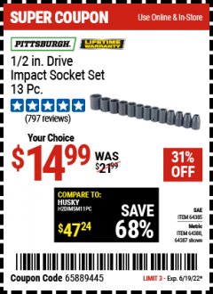 Harbor Freight Coupon 13 PIECE, 1/2" DRIVE IMPACT SOCKET SETS Lot No. 64385/64386/64387/64388 Expired: 6/19/22 - $14.99