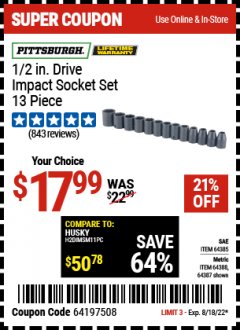Harbor Freight Coupon 13 PIECE, 1/2" DRIVE IMPACT SOCKET SETS Lot No. 64385/64386/64387/64388 Expired: 8/18/22 - $17.99