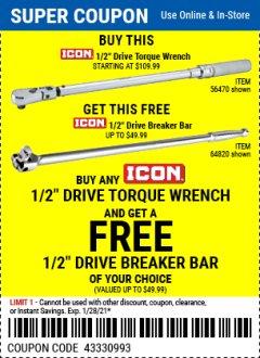 Harbor Freight FREE Coupon ICON 1/2" DRIVE 25" BREAKER BAR Lot No. 64820 Expired: 1/28/21 - FWP