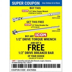 Harbor Freight FREE Coupon ICON 1/2" DRIVE 25" BREAKER BAR Lot No. 64820 Expired: 1/29/21 - FWP