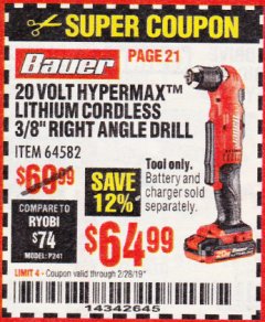 Harbor Freight Coupon BAUER 20 VOLT HYPERMAX LITHIUM CORDLESS 3/8" RIGHT ANGLE DRILL Lot No. 64582 Expired: 2/28/19 - $64.99