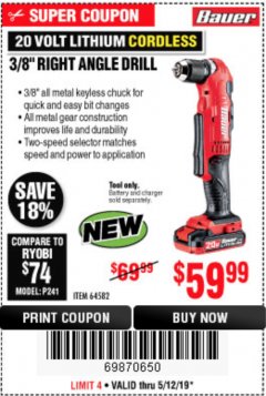 Harbor Freight Coupon BAUER 20 VOLT HYPERMAX LITHIUM CORDLESS 3/8" RIGHT ANGLE DRILL Lot No. 64582 Expired: 5/12/19 - $59.99