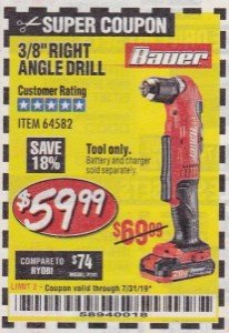 Harbor Freight Coupon BAUER 20 VOLT HYPERMAX LITHIUM CORDLESS 3/8" RIGHT ANGLE DRILL Lot No. 64582 Expired: 7/31/19 - $59.99