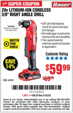 Harbor Freight Coupon BAUER 20 VOLT HYPERMAX LITHIUM CORDLESS 3/8" RIGHT ANGLE DRILL Lot No. 64582 Expired: 3/15/20 - $59.99