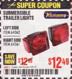Harbor Freight Coupon SUBMERSIBLE TRAILER LIGHTS Lot No. 64362/64361 Expired: 2/28/19 - $12.49