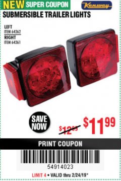 Harbor Freight Coupon SUBMERSIBLE TRAILER LIGHTS Lot No. 64362/64361 Expired: 2/24/19 - $11.99