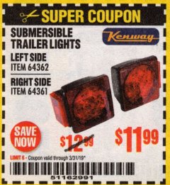 Harbor Freight Coupon SUBMERSIBLE TRAILER LIGHTS Lot No. 64362/64361 Expired: 3/31/19 - $11.99