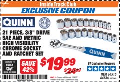 Harbor Freight ITC Coupon QUINN 21 PIECE, 3/8" DRIVE SAE AND METRIC HIGH VISIBILITY SOCKET SET Lot No. 64515/64536 Expired: 2/29/20 - $19.99