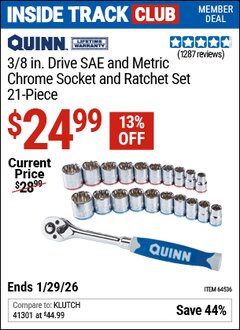 Harbor Freight ITC Coupon QUINN 3/8 IN. DRIVE SAE AND METRIC CHROME SOCKET AND RATCHET SET, 21-PIECE Lot No. 64536 Valid Thru: 1/29/26 - $24.99