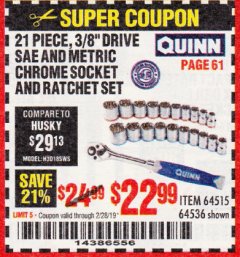 Harbor Freight Coupon QUINN 21 PIECE, 3/8" DRIVE SAE AND METRIC HIGH VISIBILITY SOCKET SET Lot No. 64515/64536 Expired: 2/28/19 - $22.99