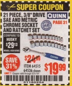 Harbor Freight Coupon QUINN 21 PIECE, 3/8" DRIVE SAE AND METRIC HIGH VISIBILITY SOCKET SET Lot No. 64515/64536 Expired: 3/31/19 - $19.99