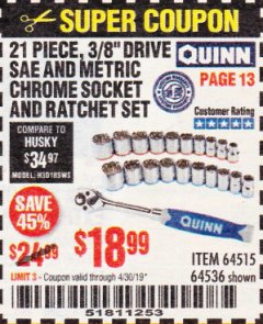 Harbor Freight Coupon QUINN 21 PIECE, 3/8" DRIVE SAE AND METRIC HIGH VISIBILITY SOCKET SET Lot No. 64515/64536 Expired: 4/30/19 - $18.99