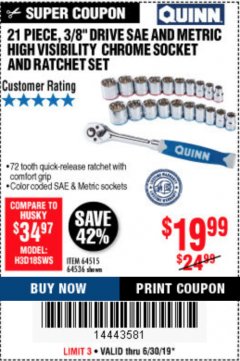 Harbor Freight Coupon QUINN 21 PIECE, 3/8" DRIVE SAE AND METRIC HIGH VISIBILITY SOCKET SET Lot No. 64515/64536 Expired: 6/30/19 - $19.99