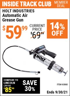 Harbor Freight ITC Coupon AUTOMATIC AIR GREASE GUN Lot No. 63860 Expired: 9/30/21 - $59.99