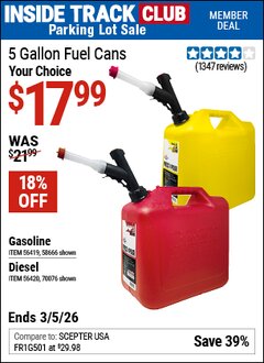 Harbor Freight ITC Coupon MIDWEST CAN 5 GALLON FUEL CAN Lot No. 56419/56420/58666/70076 Expired: 3/5/26 - $17.99