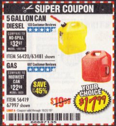 Harbor Freight Coupon MIDWEST CAN 5 GALLON GAS CAN Lot No. 56419/56420/58666/70076/62923/62924 Expired: 10/31/19 - $17.99