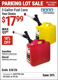 Harbor Freight Coupon MIDWEST CAN 5 GALLON FUEL CAN Lot No. 56419/56420/58666/70076 Expired: 3/8/26 - $17.99