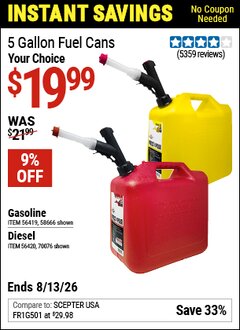 Harbor Freight Coupon MIDWEST CAN 5 GALLON FUEL CANS Lot No. 56419/56420/58666/70076 Valid Thru: 8/13/26 - $19.99
