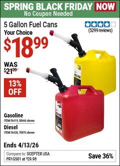 Harbor Freight Coupon MIDWEST CAN 5 GALLON FUEL CAN Lot No. 56419/56420/58666/70076 Expired: 4/12/26 - $18.99