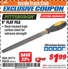 Harbor Freight ITC Coupon PITTSBURGH 8 IN. FLAT FILE Lot No. 96626 Expired: 2/29/20 - $1.99