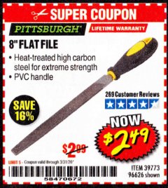 Harbor Freight Coupon 8" FLAT FILE Lot No. 39773/96626 Expired: 3/31/20 - $2.49